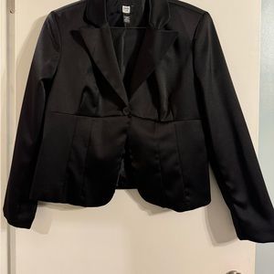 Black satin blazer. Business dress or dressy.  One button